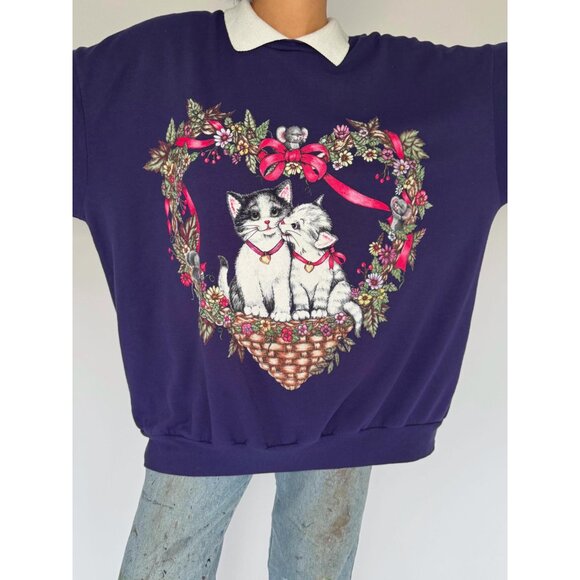 90s vintage purple cat kitten festive christmas graphic pullover sweatshirt 2XL - Picture 5 of 10